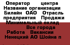 Оператор Call-центра › Название организации ­ Билайн, ОАО › Отрасль предприятия ­ Продажи › Минимальный оклад ­ 15 000 - Все города Работа » Вакансии   . Ненецкий АО,Шойна п.